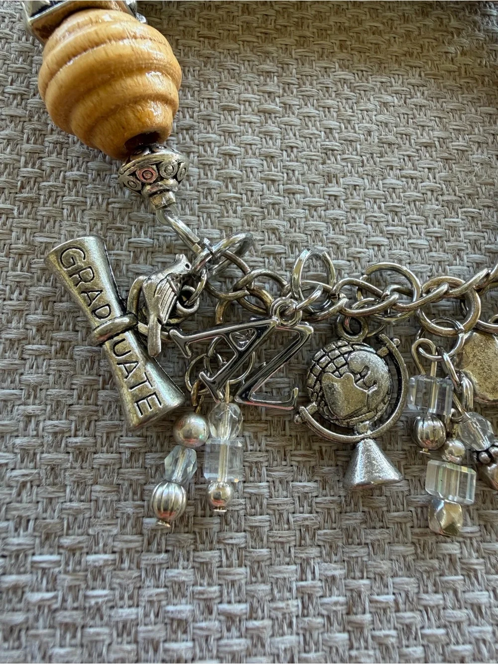 Multi Charm Wooden Beaded Bracelet  Silver Spacers Back To School Themed Charms